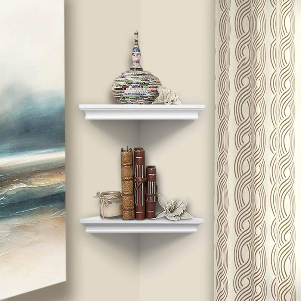 AHDECOR White Corner Shelves, Stylish Wall Mounted Corner Shelf for Space-Saving Storage in Living Room, Bedroom, and Office, Set of 2