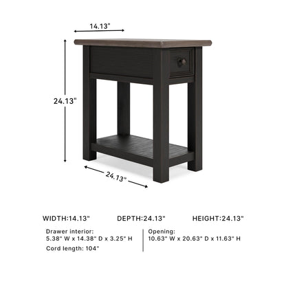 Signature Design by Ashley Narrow Side Table with Charging Station, Tyler Creek Chairside End Table, Wood, Smooth-Gliding Storage Drawer, Living Room Furniture, Grayish Brown/Black