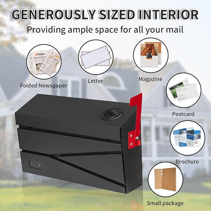 Ydocabinit Wall Mount Mailbox, Large Capacity Mailbox for House, with Flag, Visibility Galvanized Steel Rust-Proof Metal Post Drop Box, Mailboxes for Outside, 15.74"×9.84"×4.33" Solar Lanterns Black