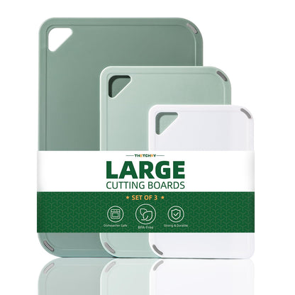 THETCHRY Plastic Cutting Board Set of 3-Cutting Boards for Kitchen BPA Free, Large-Small Chopping Boards Non-Slip for Cooking Camping Dishwasher Safe, Reversible, with Grip Handle, 15"×10"×0.6" Green