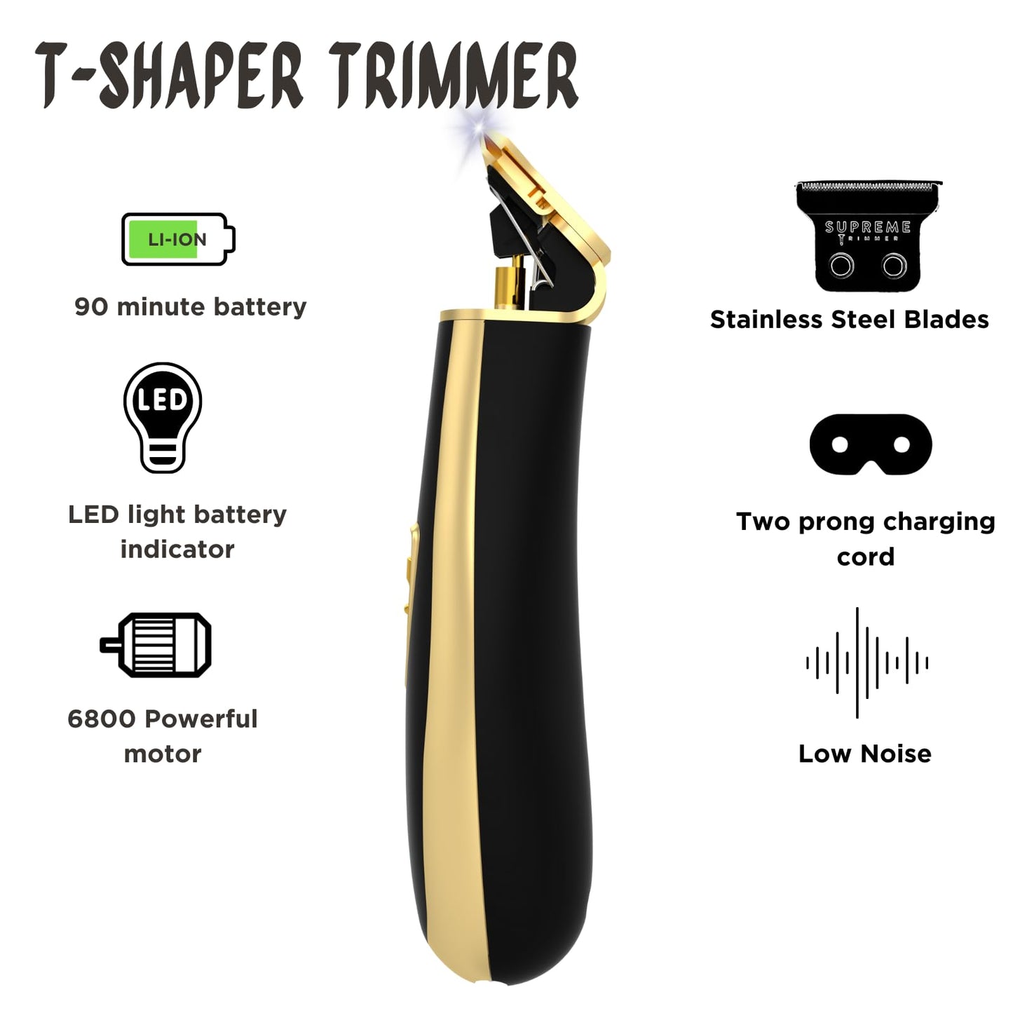 Supreme Trimmer T Shaper - Quiet Cordless Beard & Hair Trimmer for Men | 120 Min Runtime, Low Noise, Zero-Gap DLC Blade | Ideal for Sensitive Skin, Kids & Elderly | ST5206