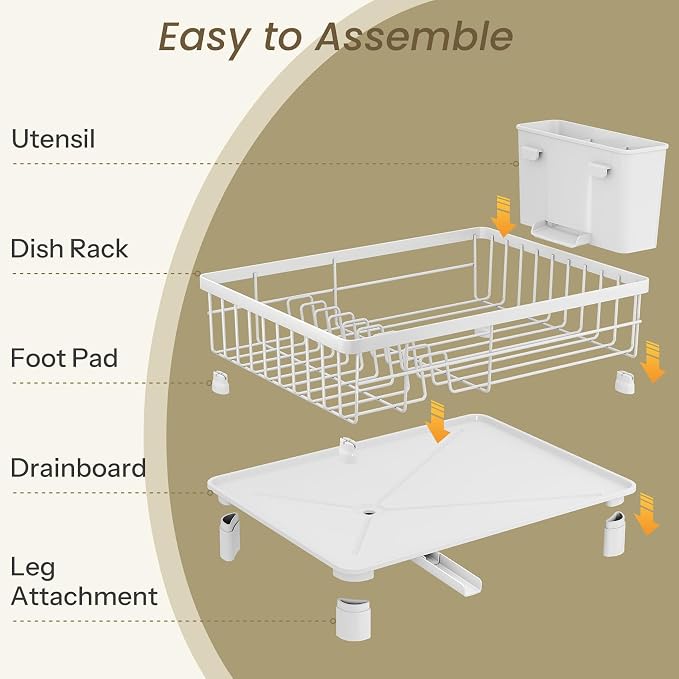 SNTD Dish Drying Rack - Small Dish Rack for Kitchen Counter, Stainless Steel Dish Drainer with Utensil Holder and Drainboard, 11" W x 15" L (White)
