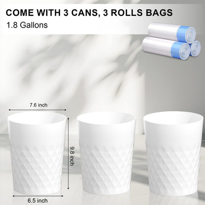 JiatuA 3 Pack Small Trash Can with Trash Bags Bathroom Garbage Bin Round Plastic Waste Basket for Kitchen, Bedroom, Office, College Dorm, Craft Room, White