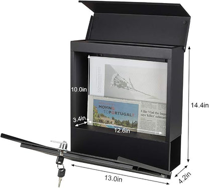 Decaller Large Capacity Mailbox with Key Lock, Wall Mount Metal Mail Box with Newspaper Compartment for Outside, 14.4" x 13" x 4.2", 936 Black