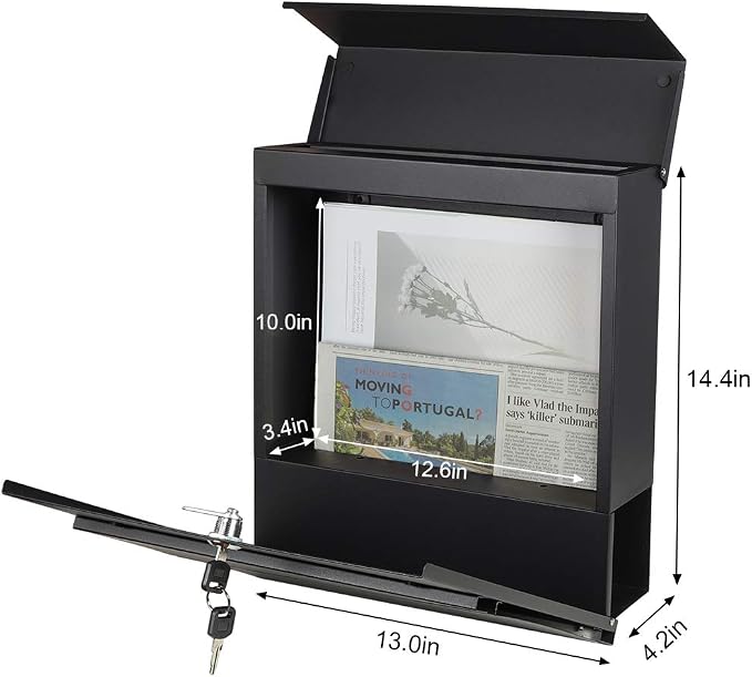 Decaller Large Capacity Mailbox with Key Lock, Wall Mount Metal Mail Box with Newspaper Compartment for Outside, 14.4" x 13" x 4.2", 932 Black