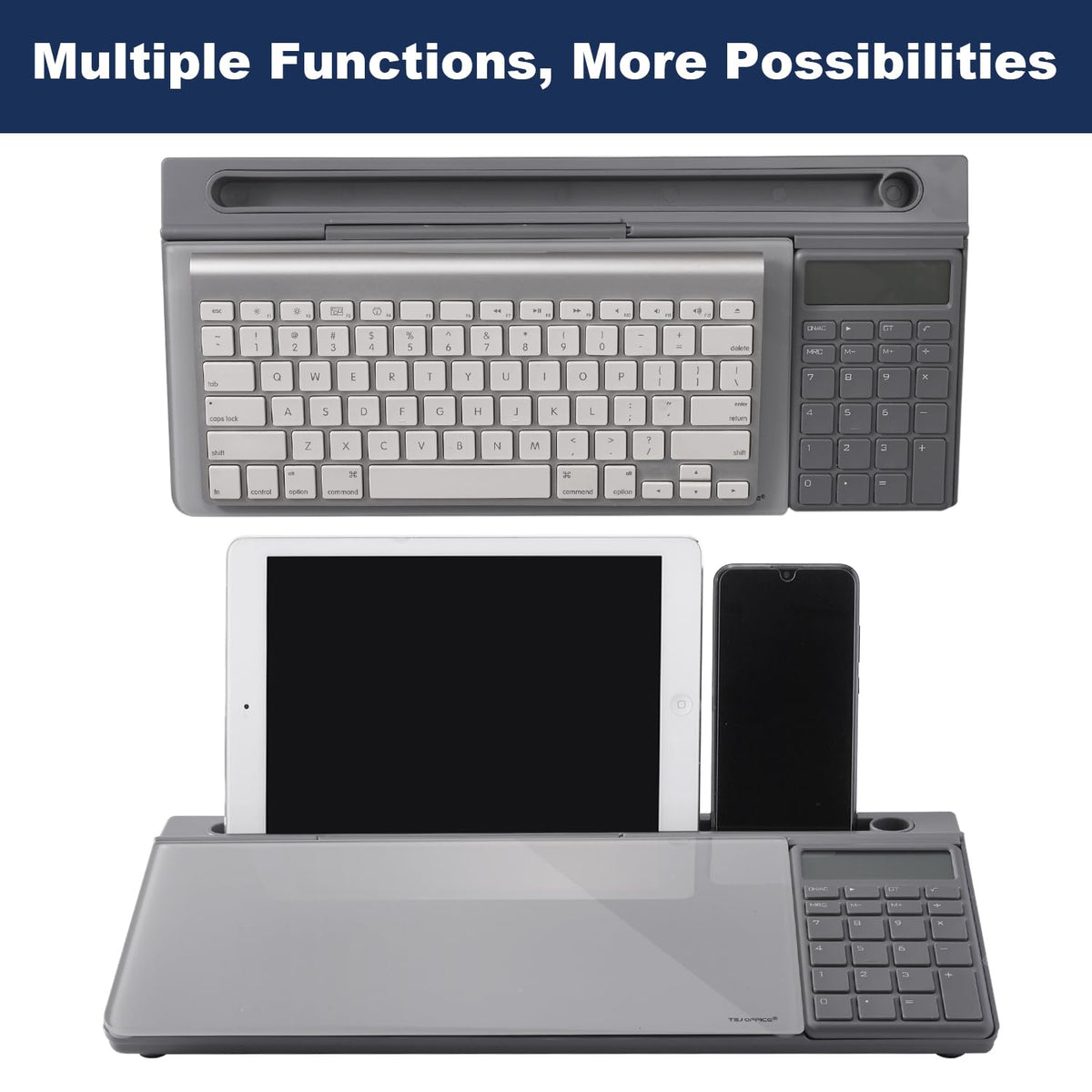 Small Glass Desktop Whiteboard Dry-Erase-Board - Computer Keyboard Stand with Calculator White Board Surface Pad with Drawer, Desk Organizers with Accessories for Office, Home, School Supplies - Grey