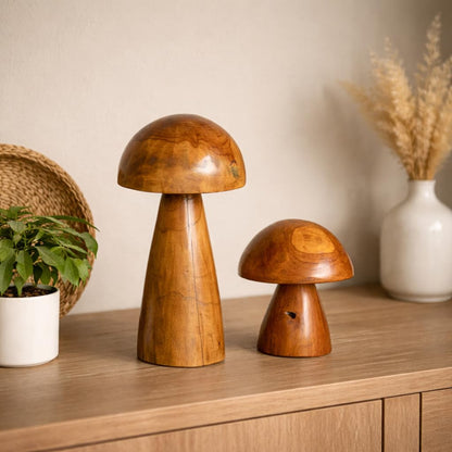 JOLLYMER Solid Teak Wood Mushroom Decor, Handmade Wooden Sculpture Rustic Boho Tabletop Accent, Natural Wood Grain Home Decoration Figurine for Living Room, Shelf, Coffee Table Indoor Decor