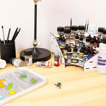 Hartem - Paint Otganizer | Corner Model Paint Rack for Acrylic Paints & Brushes | Holds 28 (0.57 fl oz) + 16 Bottles (1.18 fl oz or 2.03) + 1 Bottle (6.76) & 26 Brushes | Acrylic Stand for Miniatures