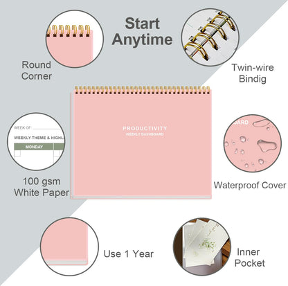 Weekly Productivity Dashboard - 8.5" x 11" Dashboard Desk Notepad Has 6 Focus Areas to List Tasks for Goals, Projects, Clients, Academic or Meal-Organize Your Daily Work Efficiently, 54 Weeks, Light Pink