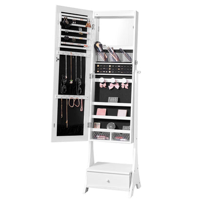 VEVOR Jewelry Cabinet Armoire, 62-Inch Tall Lockable Jewelry Organizer with Full-Length Mirror, LED Light, Velvet Lining, Drawer, Freestanding, White