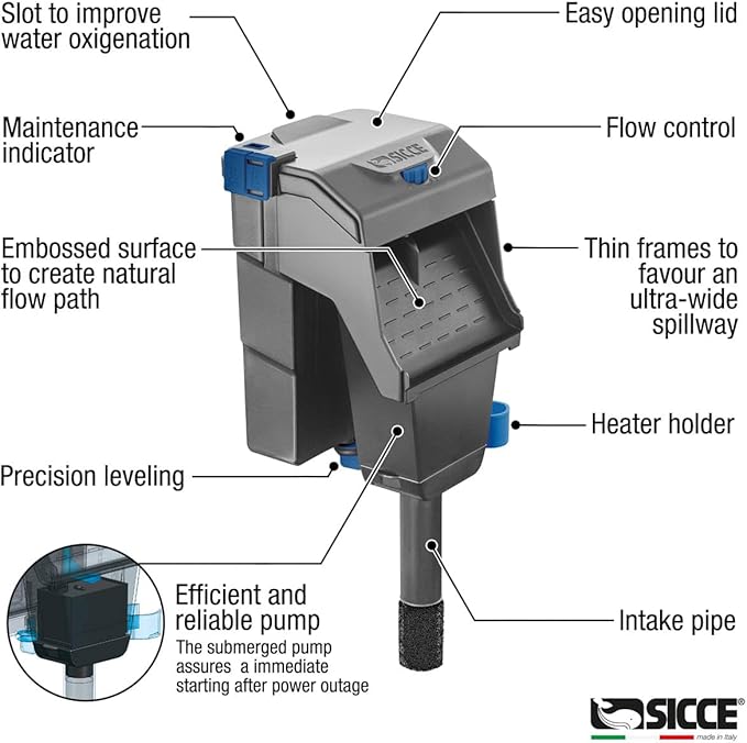 Sicce Aqua Filtra 40 Hang On Back Aquarium Fish Tank Power Filter Up to 40 Gallon Aquariums - Quiet 3-Stage HOB for Freshwater & Saltwater