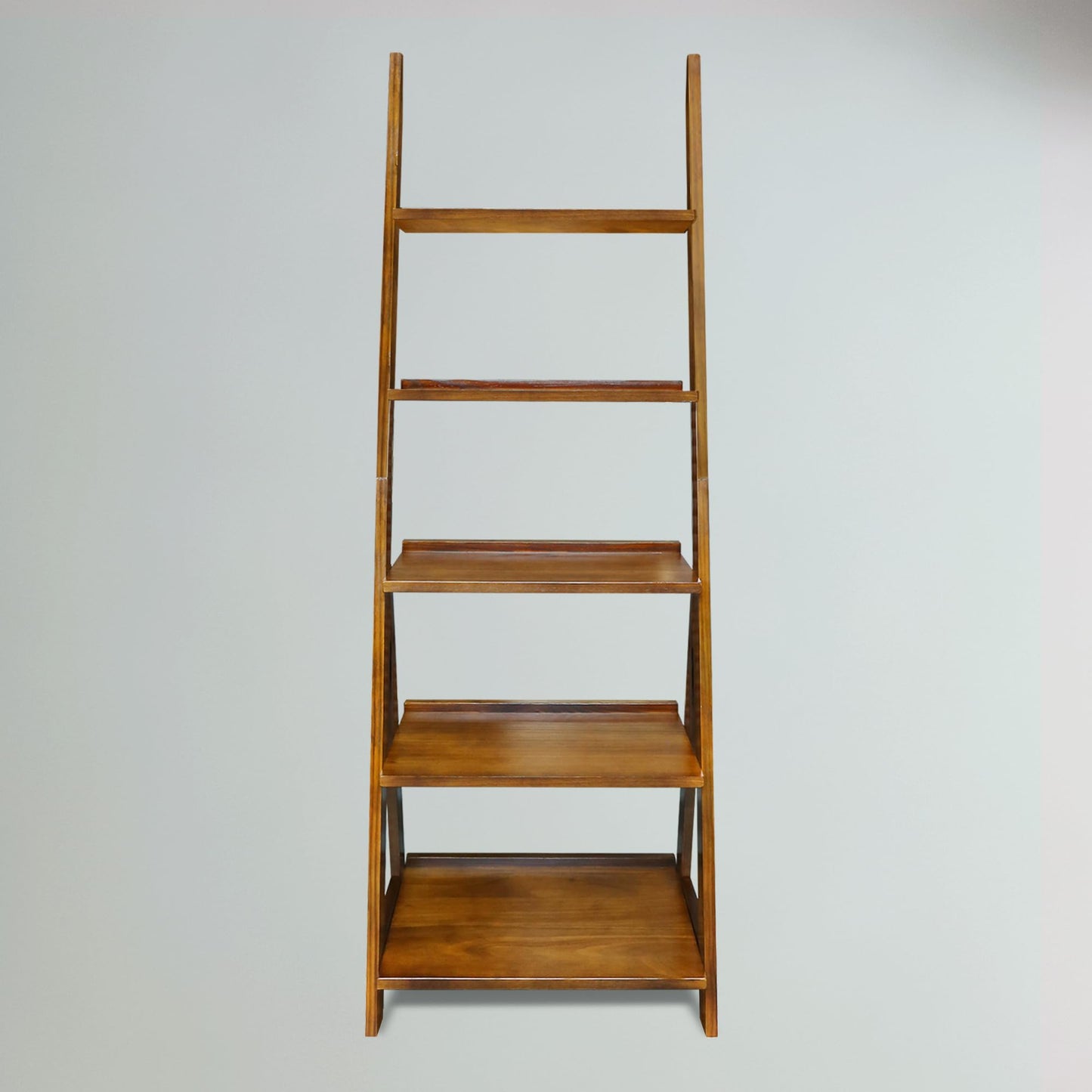 Amber Solid Wood 5-Shelf Freestanding A-Frame Ladder Bookcase, Warm Brown
