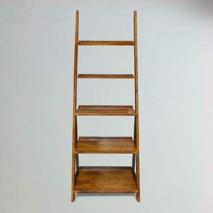 Amber Solid Wood 5-Shelf Freestanding A-Frame Ladder Bookcase, Warm Brown