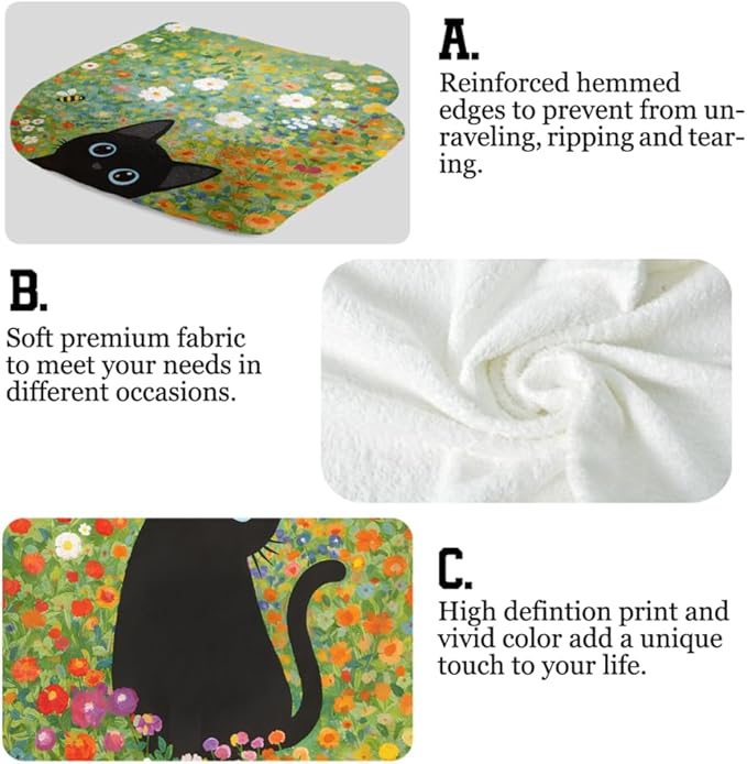 Watercolor Floral Hand Towels for Bathroom, 2 Packs Black Cat Kitchen Towels