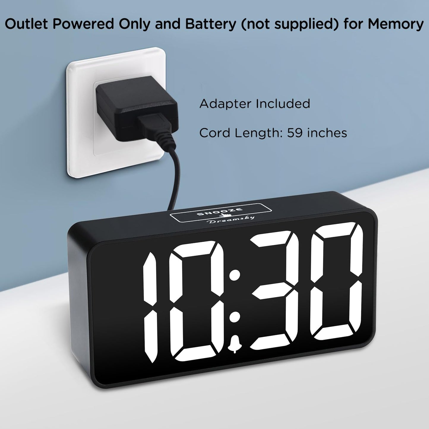 DreamSky Small Digital Alarm Clock for Bederoom, Large Big Numbers Display with Dimmer for Living Room, Electric Bedside Desk Clock with USB Charging Port, Adjustable Volume, USB-C Adapter Powered