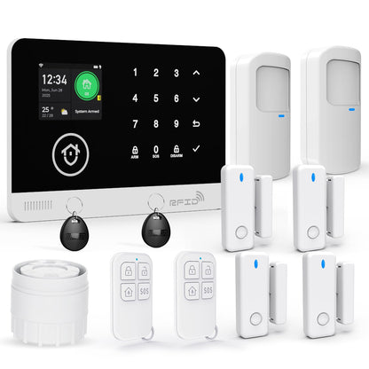 Home Security System, 4G/WiFi GSM SMS Wireless Home Alarm System with Motion Detector, 120dB Alarm Siren, Smart Remote Control, LCD Display, Compatible with Alexa and Google(12 Pieces)