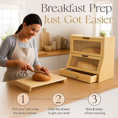 HOMIQ Bread Box for Kitchen Countertop - Bamboo Wood Breadbox with Knife Storage, Ventilation Holes - Farmhouse Loaf Organizer, Versatile 2 Layer Bread Storage Container for Snacks Mugs Spices
