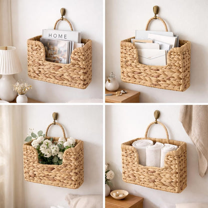 Woven Water Hyacinth Wall Basket - Hanging Magazine Holder & Mail Organizer, Natural Wicker Wall Storage Pocket for Files, Books, Entryway & Office Decor