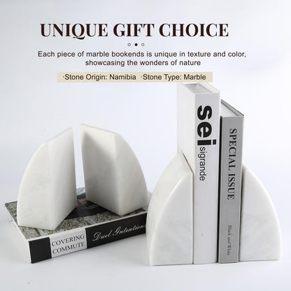 Koville Marble Bookends for Shelves, Large Bookends for Heavy Books, Natural Stone Book Stopper for Books CD Movies, Aesthetic Decorative Book Ends (White)