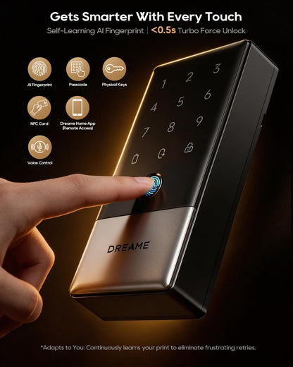 DREAME Wi-Fi Smart Door Lock for Front Door A10, Matter Over Thread, Works with Apple Home, Alexa, Google, AI Fingerprint Keyless Deadbolt Set, Geofencing Auto Unlock, BHMA Grade 2, IP65 Waterproof