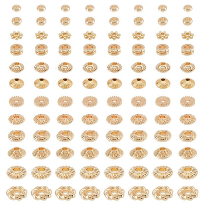 PH PandaHall 120Pcs 14K Gold Spacer Beads, 12 Style Alloy Brass Spacer Beads Gold Flat Bead Flower Cylindrical Bead for Jewelry Making Stackable Bracelet Necklace Earring