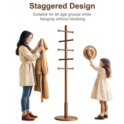 DONGMUWUJEE Solid Wood Coat Rack Freestanding with 10 Hooks, Coat tree freestanding 3 Adjustable Heights for coat, Hats, Handbags, Coat Stand for Entryway,Bedroom,office, Walnut