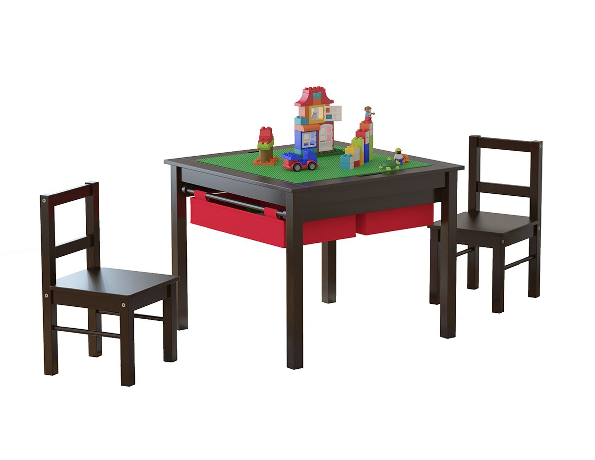 UTEX Wooden 2 in 1 Kids Construction Play Table and 2 Chairs Set with Storage Drawers, and Built in Plate Compatible with Lego and Duplo Bricks(Espresso with Red Drawers)