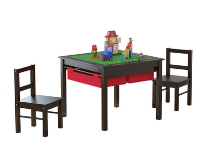 UTEX Wooden 2 in 1 Kids Construction Play Table and 2 Chairs Set with Storage Drawers, and Built in Plate Compatible with Lego and Duplo Bricks(Espresso with Red Drawers)