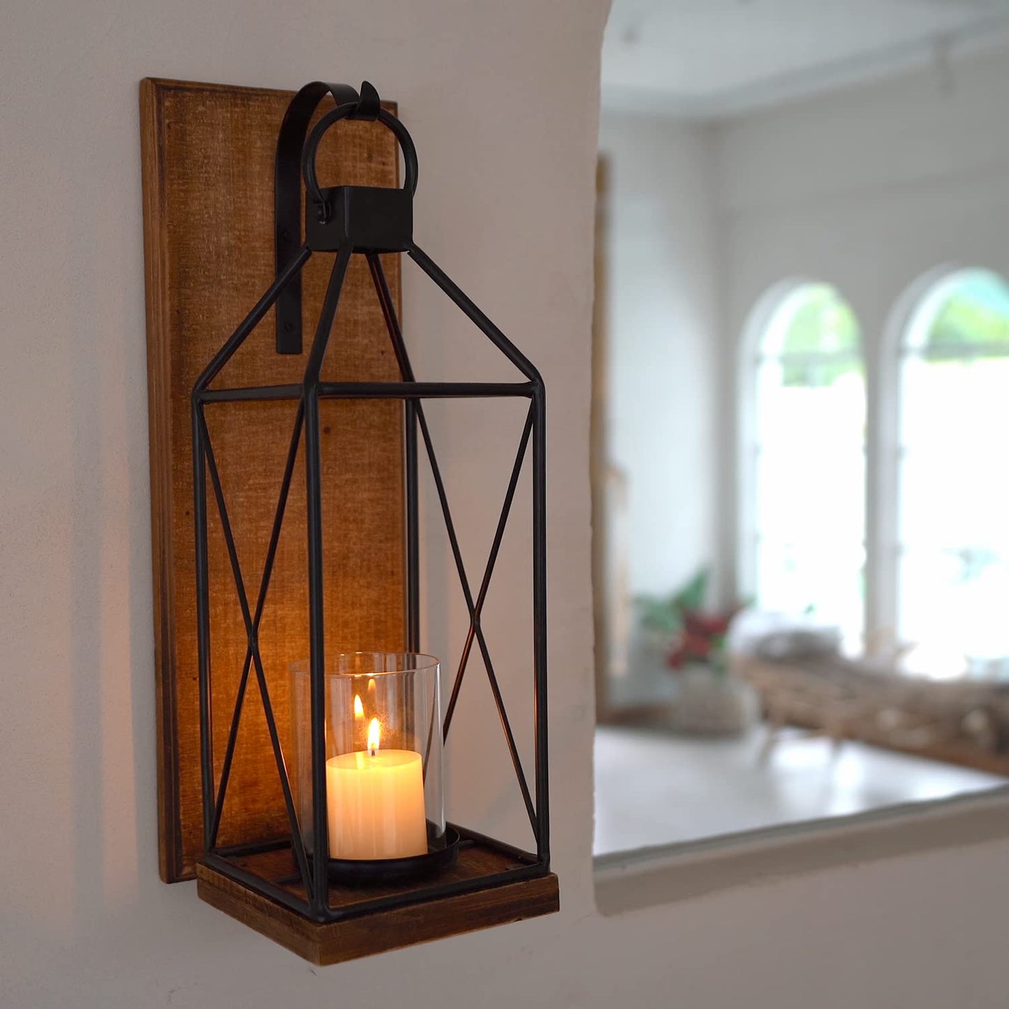 Homemory Wall Candle Sconce, Wood Rustic Candle Holder Decorative Candle Lantern with Glass Holder, Wall Decorations for Living Room, Dining Room (1, Dark Brown)