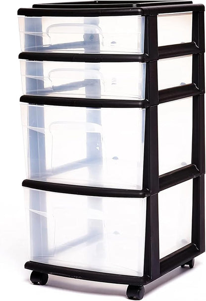 HOMZ 2-Pack Drawer Tower, 4-Tier Clear Plastic Storage Organizer Cart, Black Frame - Organizing Containers with Wheels for Home, Bathroom, Bedroom, Office, and Classroom