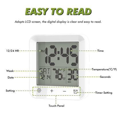 Wisoee Digital Shower Clock Waterproof, Bathroom Wall Clock Timer with Touch Screen, Temperature, LCD Display, Suction Cup Hanging Hole Stand for Kids and Adults