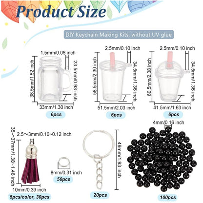 OLYCRAFT 218pcs Mini Cup Keychain Kit NO-Glue Bubble Tea Keychain Accessories Set Bubble Tea Keychains Kit Mini Cup Pendants with Rings Tassels Bubbles Straws for Key Chain DIY Earring Making