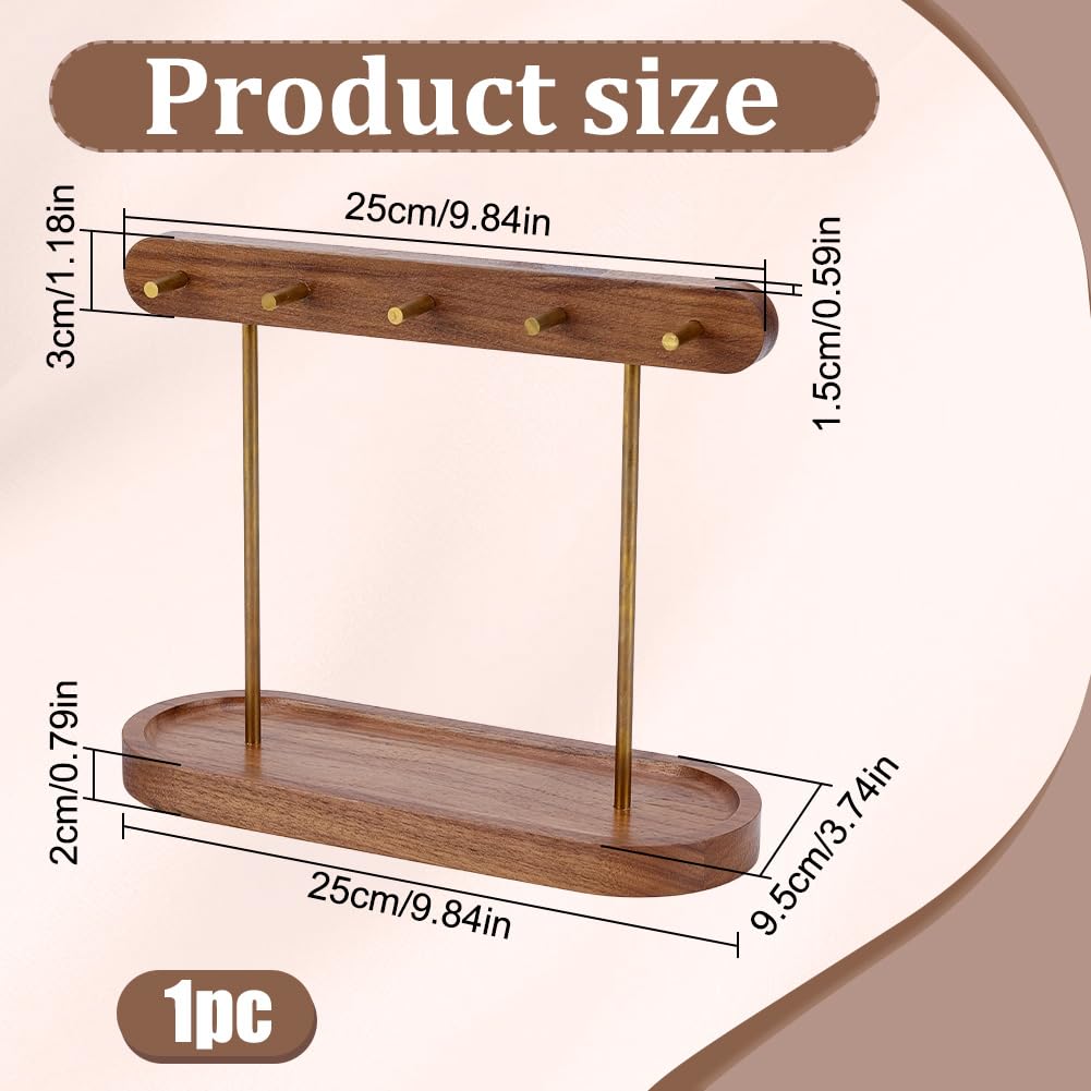 ORIGACH Walnut Key Stand for Entryway Table, Wooden Key Holder with 4 Brass Hooks, Jewelry Trays Perfect Bowl, Valet, Key Tray, Ring Holder, Jewelry Dish