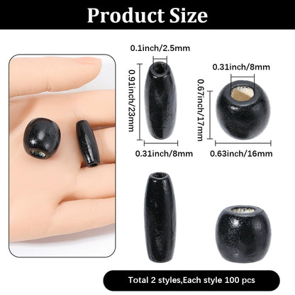 PONABEADIY 2 Styles 200PCS Natural Black Wooden Beads with Hole Oval Barrel Wood Handmade Dyed Macrame European Charms Loose Bead for Jewelry Making Bracelet Hair Braid Christmas DIY Crafts Supplies