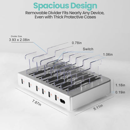300W Fast Charging Station for Multiple Devices, 6 Port USB Charging Hub, Universal Desktop Charger Organizer Compatible with iPhone iPad Android Phones Tablets Kindle Home Office Travel