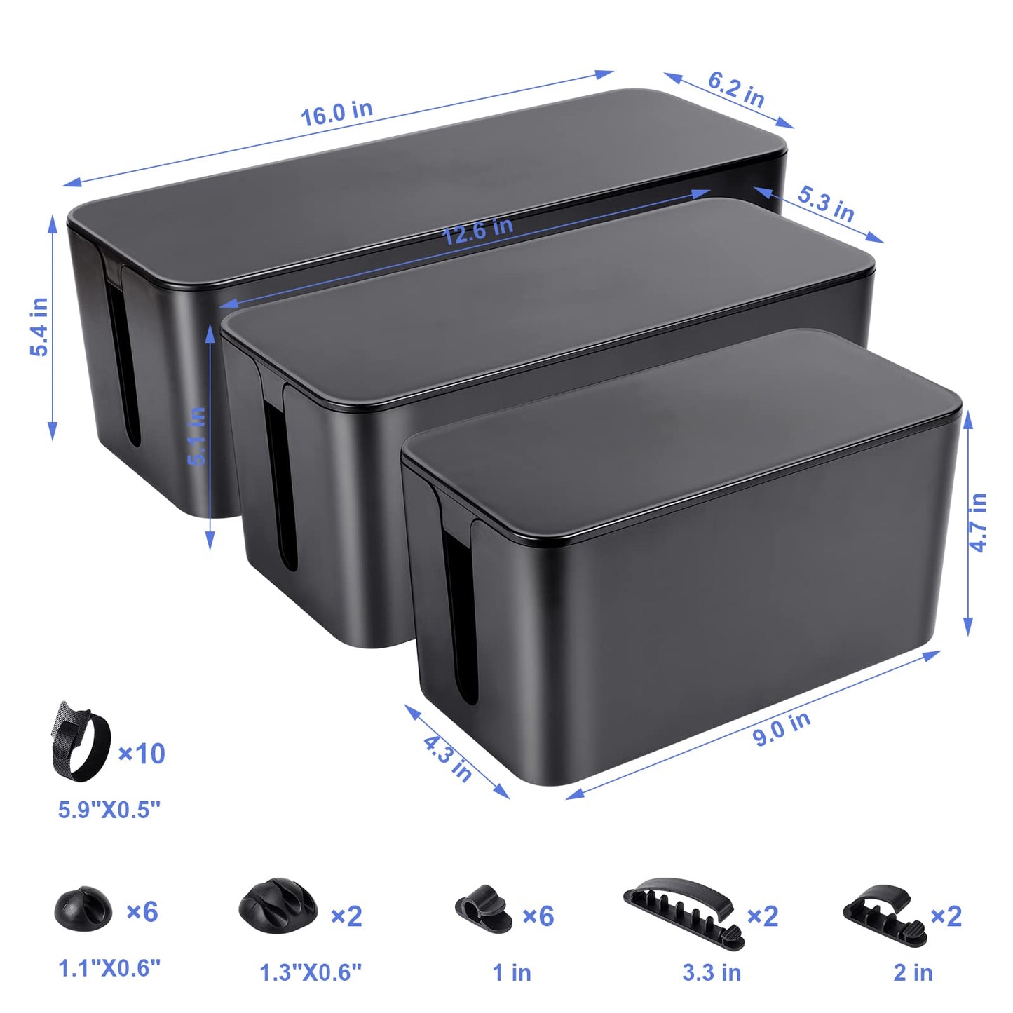 Chouky Cable Organizer Box Set of Three, Power Cover Cord Holder Surge Protector for Desk (Black)