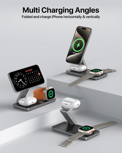 UEQ Foldable 3 in 1 Wireless Charging Station for Apple Compatible with Magsafe Charger Stand,Magnetic Wireless Charger Station for iPhone 17 Air16 15 14 13 12 Series,Airpods Pro,Apple Watch(Black)