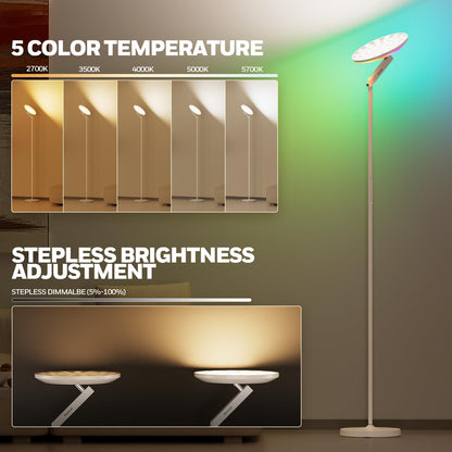Honeywell 3000LM LED Floor Lamp, Torchiere Floor Lamps with Remote Control, F2 Sunturalux™ 40W Eye-Caring Reading Light, 2700-5000K 6 RGB Modes RGB Standing Lamp for Bedroom Living Room Office White