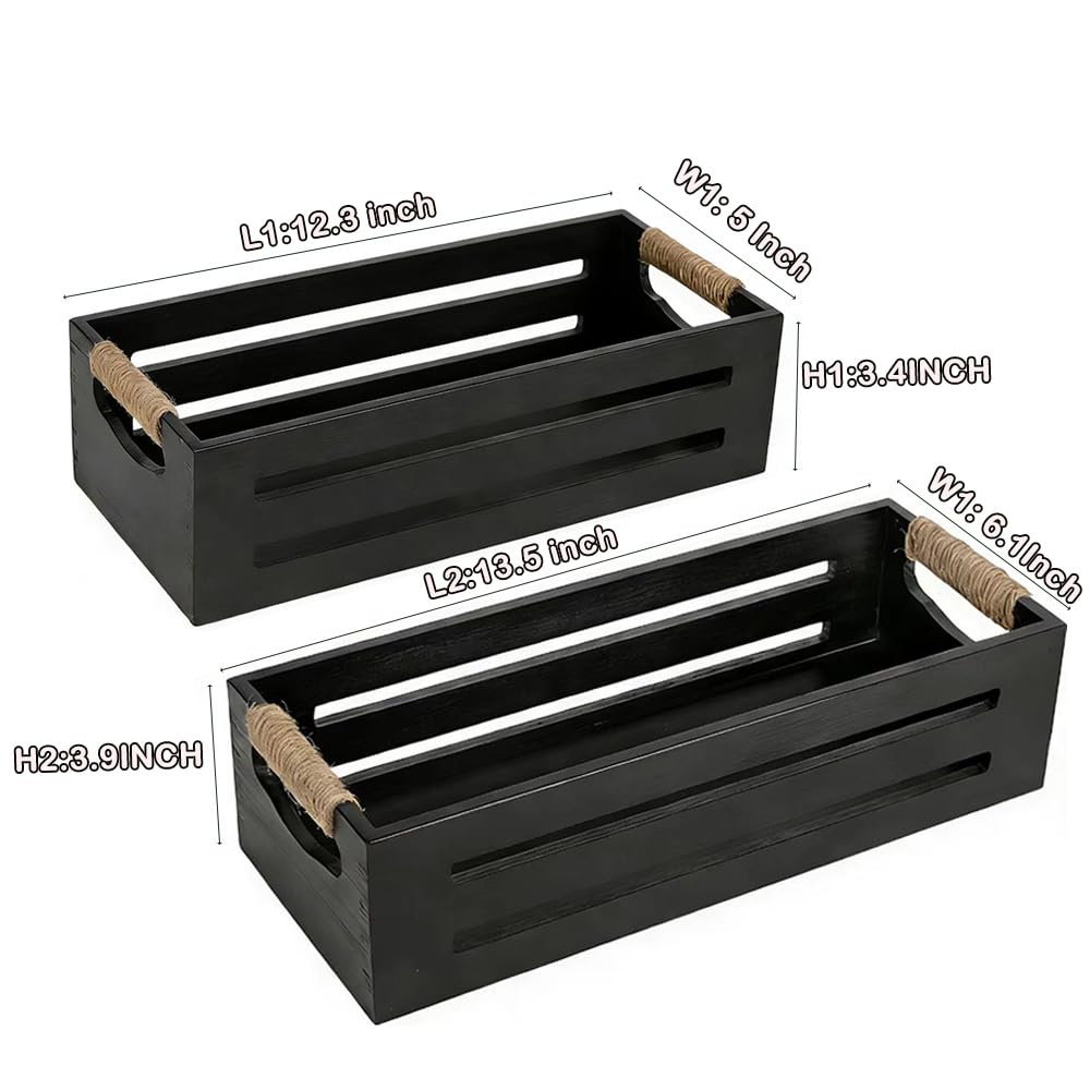 2Pack Wooden Bathroom Storage Crates with Rope Handles - Rustic Farmhouse Toilet Tank Topper Organizer Bin for Toilet Paper, Bathroom Decor, Kitchen Countertop & Home Organization (Black)
