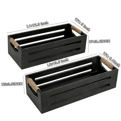 2Pack Wooden Bathroom Storage Crates with Rope Handles - Rustic Farmhouse Toilet Tank Topper Organizer Bin for Toilet Paper, Bathroom Decor, Kitchen Countertop & Home Organization (Black)