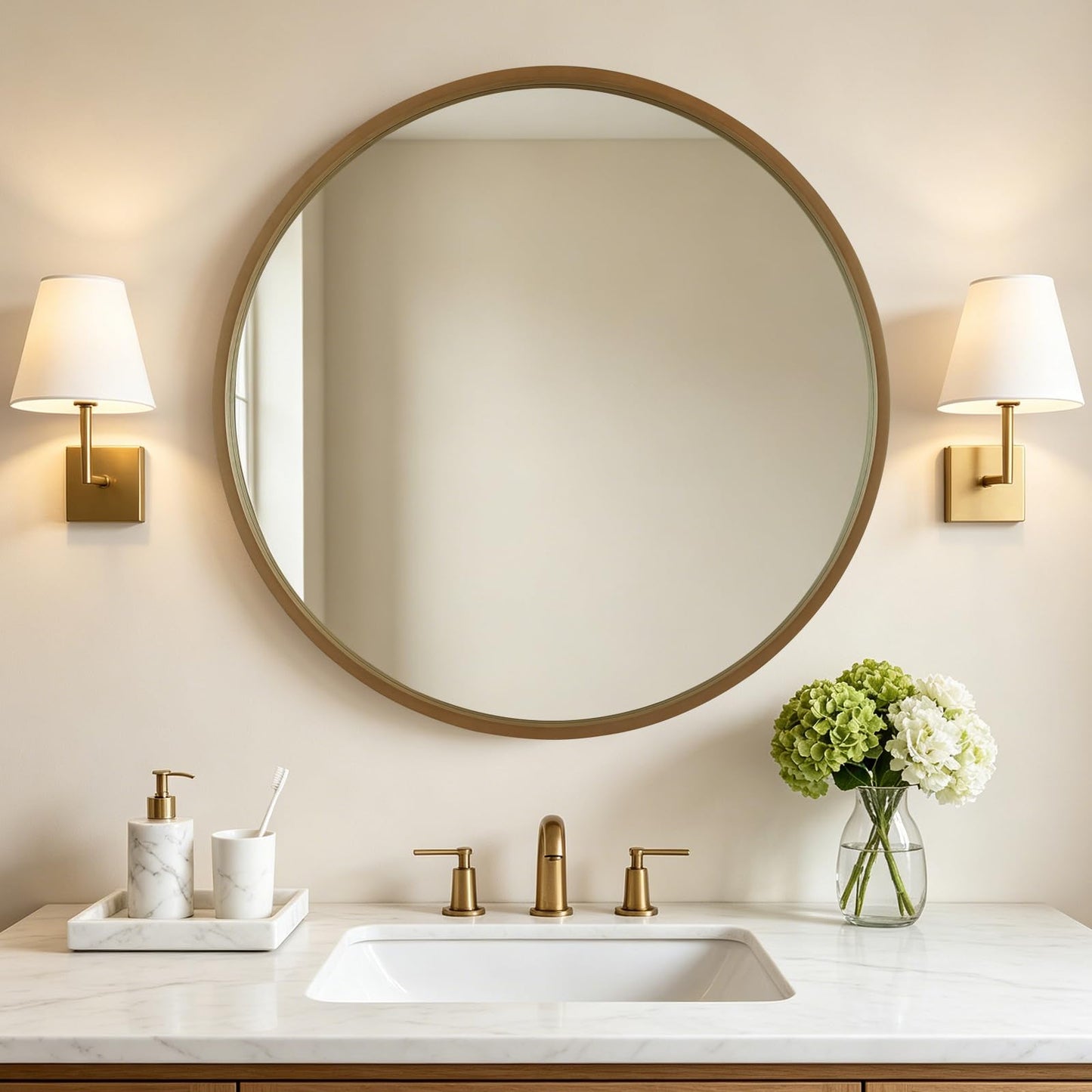 WallBeyond 36 Inch Natural Round Wood Mirror, Large Circle Wooden Frame Wall Mirror for Bathroom, Living Room, Bedroom, Entryway