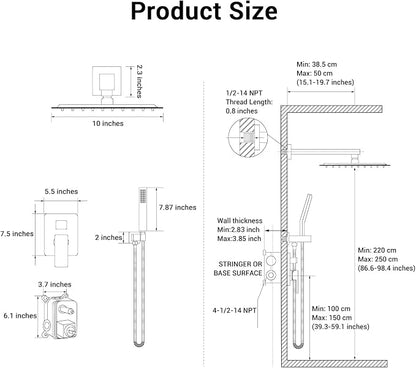 10" Square Rain Shower Faucet Set, Wall Mount, Chrome | 304 SS, air tech boosts pressure 50%, dual spray, anti-fingerprint