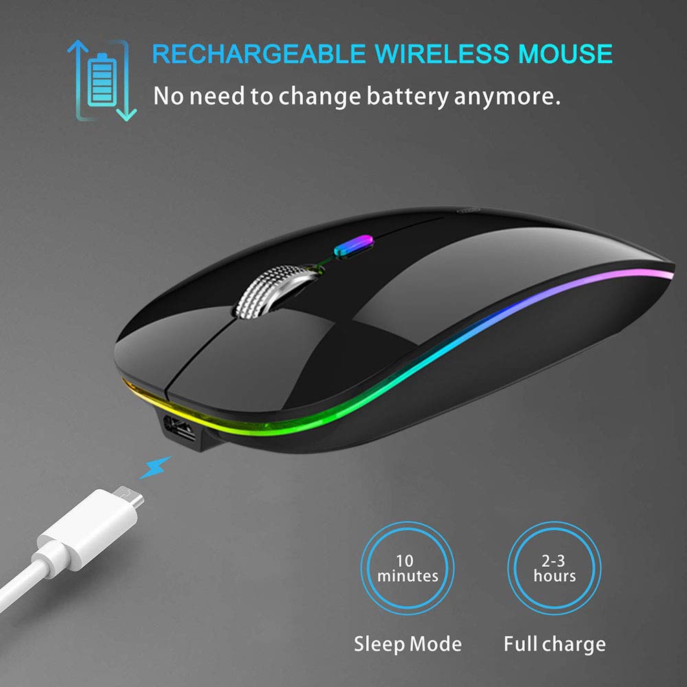 TENMOS Wireless Bluetooth Mouse, LED Slim (Bluetooth 5.1/5.0 + USB) 2.4GHz Rechargeable Silent Bluetooth Wireless Mouse with Type C Adapter for Laptop/MacBook/iPad OS 13 and Above (Matte Black)