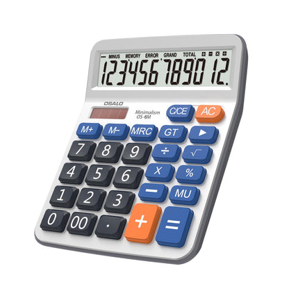 Desktop Calculator Large LCD Display 12 Digit Number Handheld Portable Pocket Basic Calculator with Big Soft Sensitive Button, Battery and Solar Powered, for Office Home School Use(OS-6M)