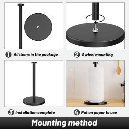 VEHHE Paper Towel Holder Countertop, Weighted Non-Slip Base, Stainless Steel Paper Towel Holder for Kitchen Bathroom (Black)
