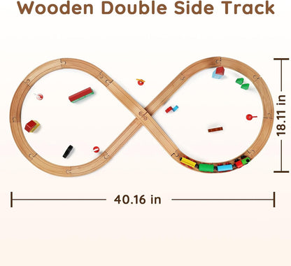 SainSmart Jr. Wooden Train Set for Toddler with Double-Side Train Tracks Fits Brio, Thomas, Melissa and Doug, Kids Wood Toy Train for 3,4,5 Year Old Boys and Girls (Small Town with Container)
