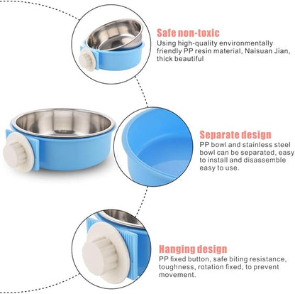 Crate Dog Bowl Removable Stainless Steel Water Food Feeder Bowls Cage Coop Cup for Cat Puppy Bird Pets (Large, Blue)