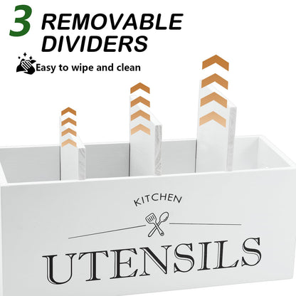 Kitchen Utensil Holder with 4 Compartments, Wooden Utensil Organizer for Countertop, Ideal for Storage and Organization, Rustic Cooking Utensil Kitchen Tool, White