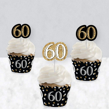 Big Dot of Happiness Adult 60th Birthday - Gold - Cupcake Decoration - Birthday Party Wrappers and Treat Picks Kit - Set of 24
