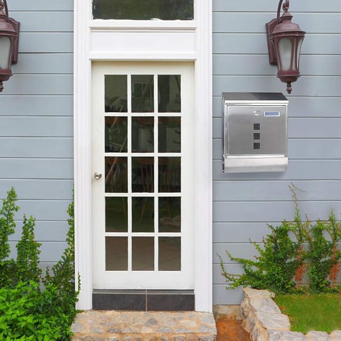 Decaller Stainless Steel Mailbox with Key Lock, Metal Wall Mount Rust-Proof Mail Box with Newspaper Compartment for Outside, 15.4" x 12" 4.8", 2203 Silver